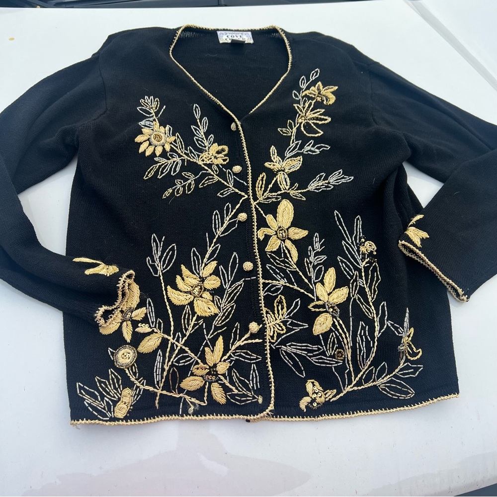 COVE CREEK Vintage Black/Gold Embroidered Cardigan Sweater Size Small